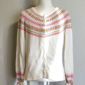 Tiara International Cross stitch print Sweater Cardigan button down Large *Vtg*